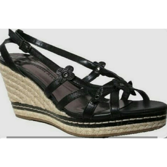 Etienne Aigner "Kelly" Black Leather Strappy Wedge Sandals Size 9.5 - Picture 1 of 12